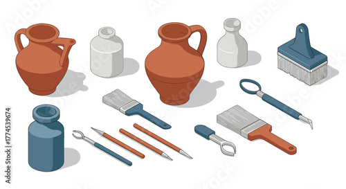 Isometric art supplies and ceramic vessels on white background