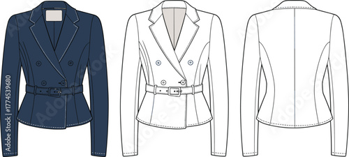 Double breasted blazer flat sketch, tailored jacket fashion CAD drawing, technical vector illustration, apparel design template, garment outline, clothing mockup