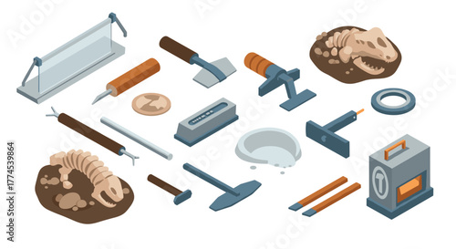 Isometric archaeology tools and fossils for paleontologists and enthusiasts