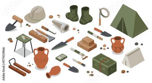 Archaeological exploration equipment set in isometric style with camping and excavation tools