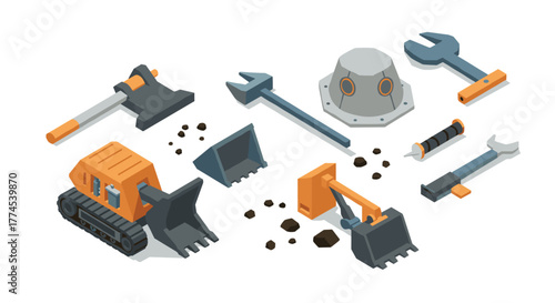 Isometric construction tools and machinery set with excavator and spanner