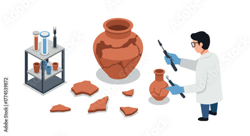 Archaeologist restoring clay pottery in laboratory isometric style