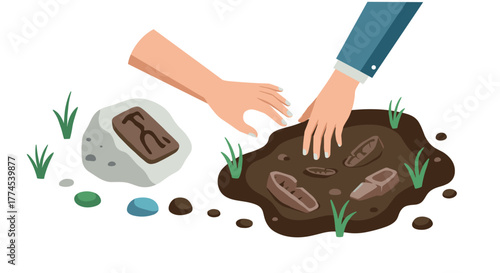 Hands discovering archaeological artifacts in soil