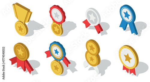 Isometric award medals and ribbons collection set on white background