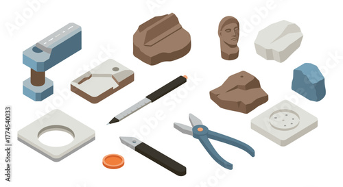 Artisanal sculpture tools set with clay elements in isometric design