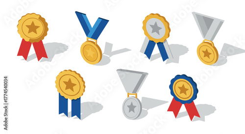 Colorful isometric medals and badges collection with ribbons