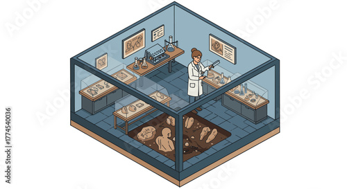 Isometric archaeological laboratory with scientist and ancient artifacts