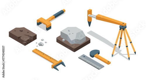 Isometric geology tools and rock fragments in modern design