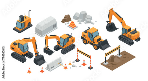 Construction site equipment in modern isometric design with various vehicles and barriers