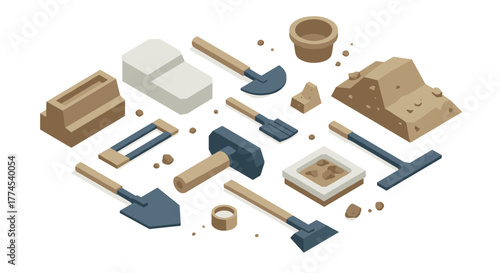Realistic isometric construction tools and materials set on white background