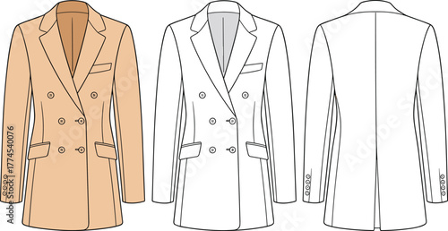 Double breasted blazer, peak lapel, long sleeve, tailored jacket, fashion flat sketch, vector apparel, cad drawing, garment template, menswear, womenswear