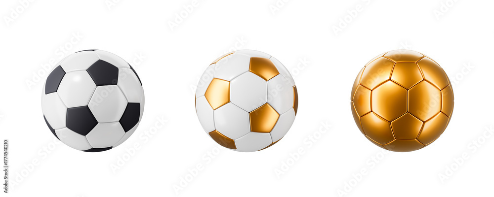 Naklejka premium Three stylish soccer balls including classic, gold-accented, and full-golden designs displayed side-by-side on clean white background. 3D Rendering