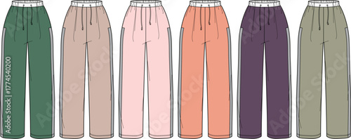 Collection of women's relaxed fit jogger pants fashion flat illustrations in various colors, showcasing comfortable and versatile loungewear design concepts with elastic waistbands and drawstrings