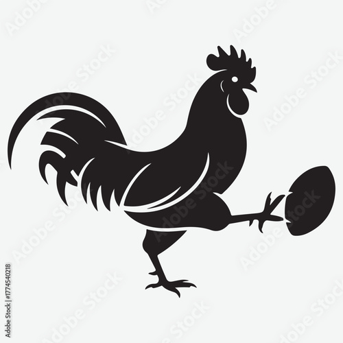 Black Silhouette of a Rooster Kicking an Egg on a White Background