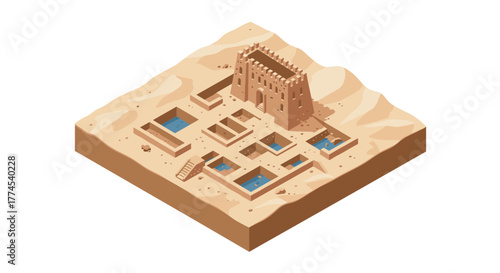 Isometric ancient desert fortress with water pools and maze pathways