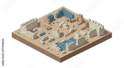 Isometric sandbox design with stone structures and pathways