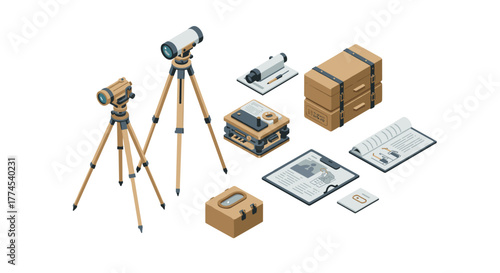 Isometric vintage exploring equipment with telescopes and maps