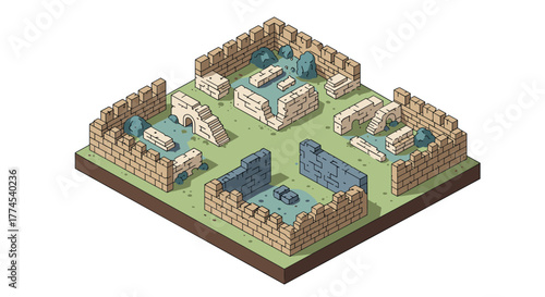 Ancient ruins isometric design with stone walls and greenery