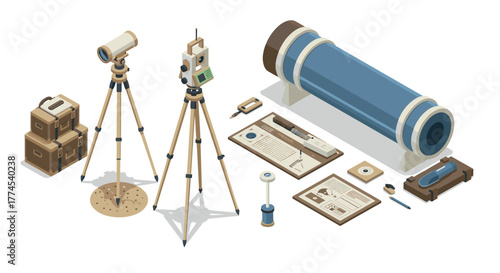 Isometric telescope and surveying equipment set for scientific exploration