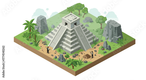 Ancient temple in jungle with explorers and pyramid in isometric style