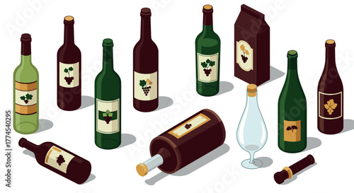 Isometric wine bottle collection with labels and box in various designs