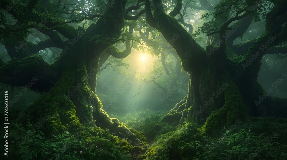 Obraz premium Enchanted Fantasy Forest with Sunlit Portal Between Ancient Mossy Trees and Misty Sunlight