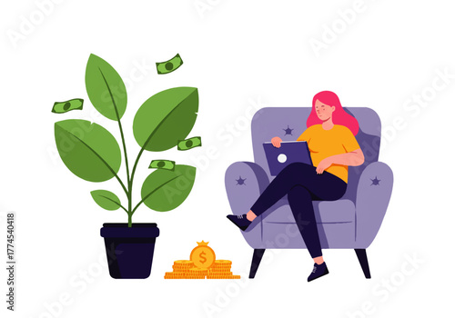 Woman sitting in armchair with laptop, next to a money plant in a pot with coins, representing financial growth and remote work.