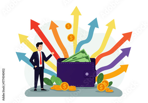A businessman stands near a wallet overflowing with money, surrounded by upward-pointing arrows indicating financial growth and success.