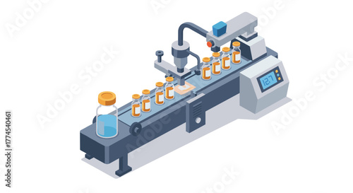 Automated pharmaceutical production line in isometric design