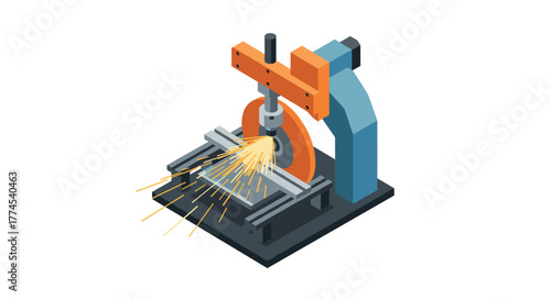 Isometric grinding machine with sparks in motion on white background