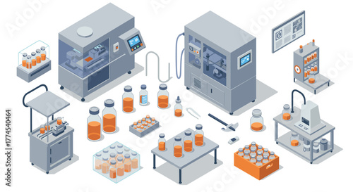 Isometric pharmaceutical production process with bottles and machines