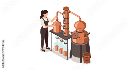 Woman operating distillery equipment in modern isometric design