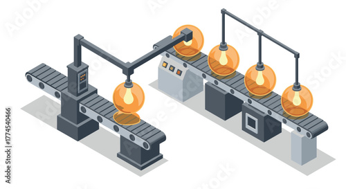 Isometric factory assembly line with robotic arm and conveyor belts