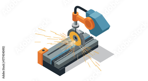 Isometric robotic arm cutting metal with circular saw and sparks