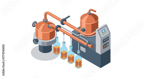 Isometric distillery equipment with copper stills and bottles in modern industrial design
