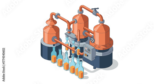 Isometric brewery equipment for distilling beverages with copper pipes