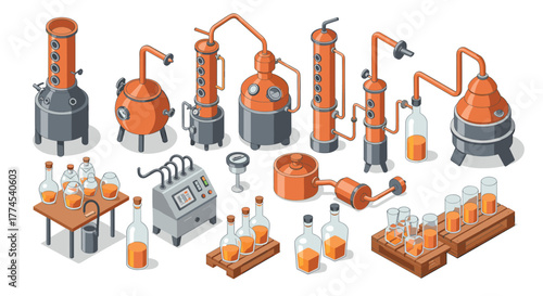 Isometric distillery equipment with copper stills and bottles for whiskey production