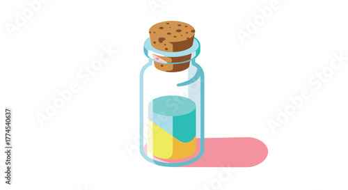 Colorful potion bottle with cork and shadow in isometric style
