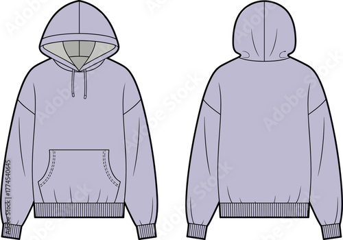 Hooded sweatshirt, fashion flat sketch, technical cad drawing, vector illustration, pullover hoodie design, apparel template, clothing construction, garment outline, casual wear