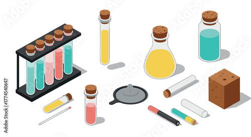 Isometric laboratory equipment set with test tubes and flasks