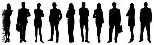Silhouette of business people, formal wear, professional men and women, standing pose, vector illustration.