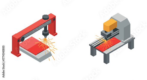 Isometric laser and cnc cutting machines with sparks icon set
