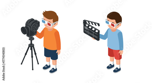 Isometric 3d cinema enthusiasts with camera and clapperboard in 3d glasses