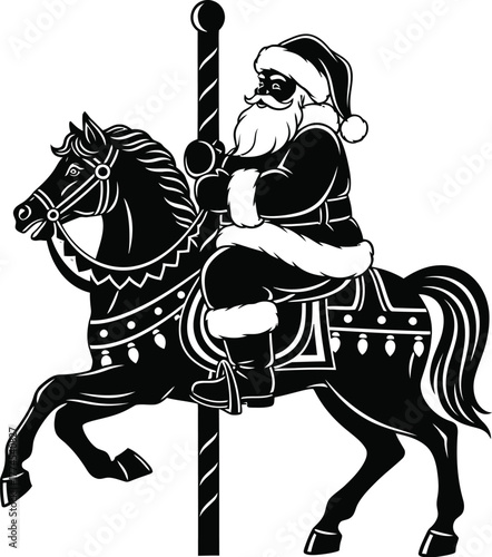 Santa Claus riding carousel merry-go-round at the fairground silhouette. 
