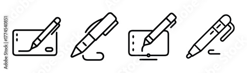 Writing tools and digital signature line icons set