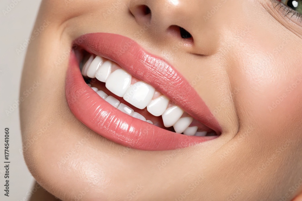 Naklejka premium Closeup of a womans smile with perfect white teeth and pink lipstick shade