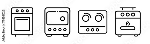 Kitchen oven stove appliance line icon vector set