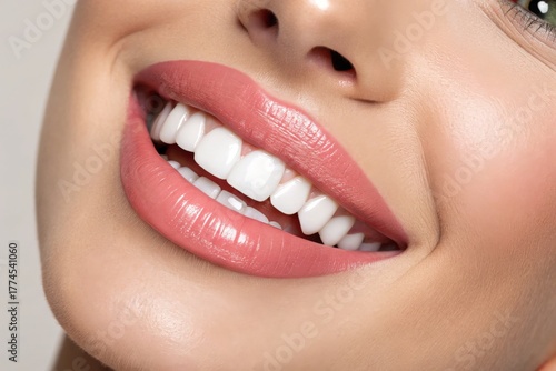 Closeup of a womans smile with perfect white teeth and pink lipstick shade