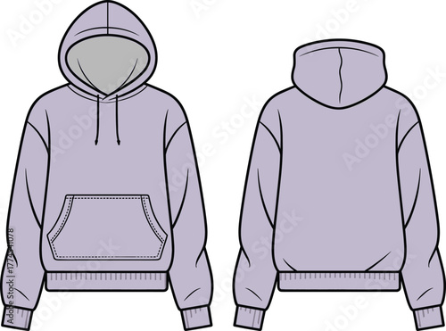 Hooded sweatshirt, pullover hoodie, fashion flat sketch, technical cad drawing, vector illustration, apparel template, garment outline, clothing construction, casual wear design
