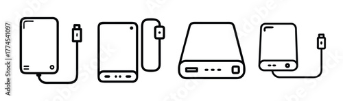 External hard drive and power bank icon set